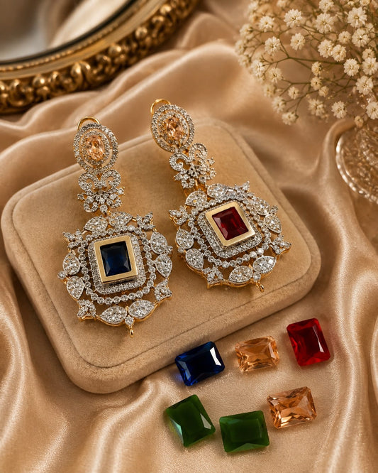 Regal 3-in-1 Interchangeable Gemstone Statement Earrings in Gold Finish