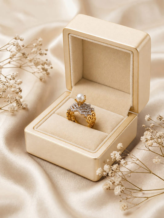 Elegant Pearl & Crystal Gold Ring | Luxury Floral Statement Ring for Women