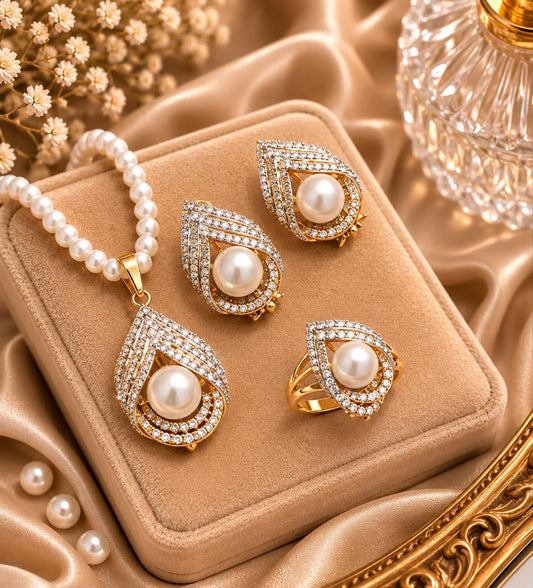 Luxury Pearl-Inspired Jewelry Set Gold-Tone Necklace Studs & Statement Ring