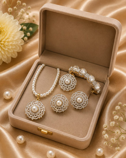 Women’s Pearl Jewelry Set with Sparkling Rhinestone Necklace & Accessories