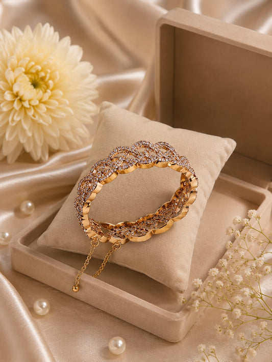 Elegant Gold-Tone Crystal Bangle with Adjustable Chain Closure