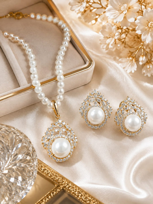 Premium Water-Drop Pearl Jewelry Set with Necklace Earrings and Ring