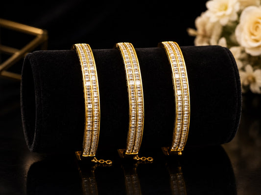 Luxury Gold Tone Crystal Bangle Bracelet – Elegant Baguette Rhinestone Jewelry –